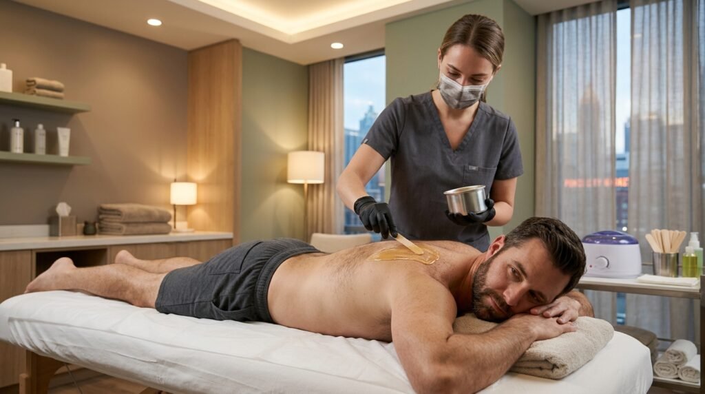 Professional men's full body waxing treatment in an Atlanta grooming studio