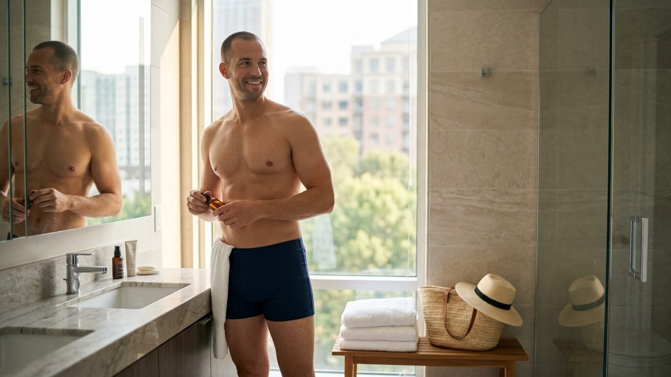 Man showcasing smooth skin after men's full body waxing in Atlanta, GA